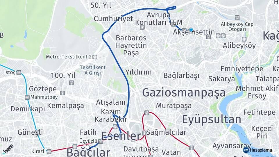 İstanbul Eyüpsultan Yeşilpınar Bağcılar Arası Kaç Km - Yol Haritası