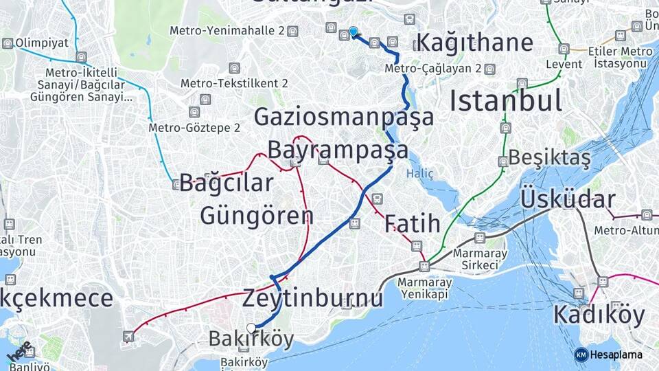 İstanbul Eyüpsultan Yeşilpınar Bakırköy Arası Kaç Km - Yol Haritası