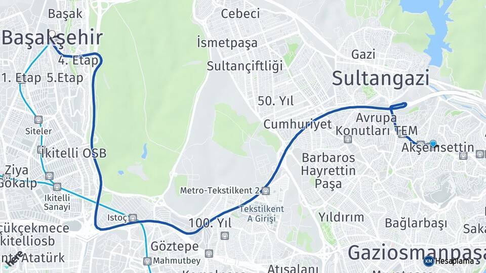 İstanbul Eyüpsultan Yeşilpınar Başakşehir Arası Kaç Km - Yol Haritası