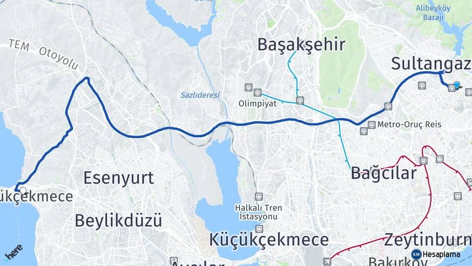İstanbul Eyüpsultan Yeşilpınar Büyükçekmece Arası Kaç Km - Yol Haritası