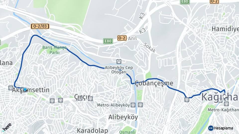 İstanbul Eyüpsultan Yeşilpınar Kağıthane Arası Kaç Km - Yol Haritası