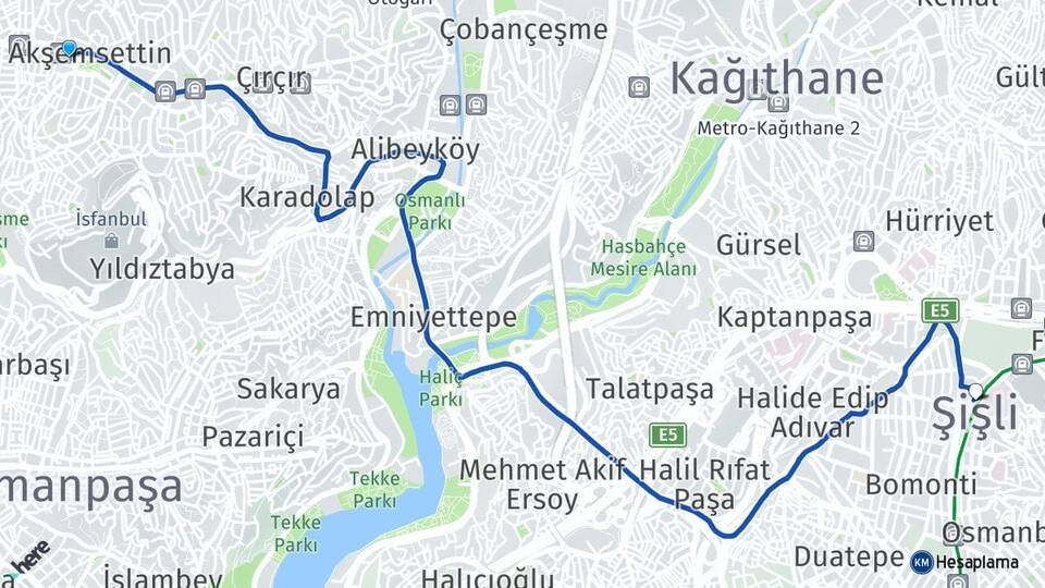 İstanbul Eyüpsultan Yeşilpınar Şişli Arası Kaç Km - Yol Haritası