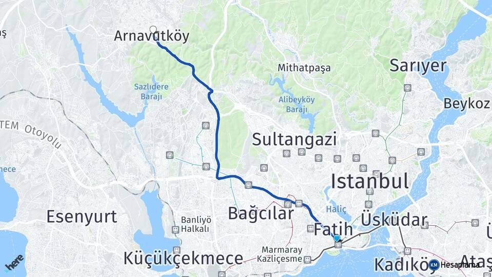 İstanbul Fatih Aksaray Arnavutköy Arası Kaç Km - Yol Haritası