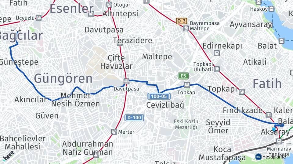 İstanbul Fatih Aksaray Bağcılar Arası Kaç Km - Yol Haritası