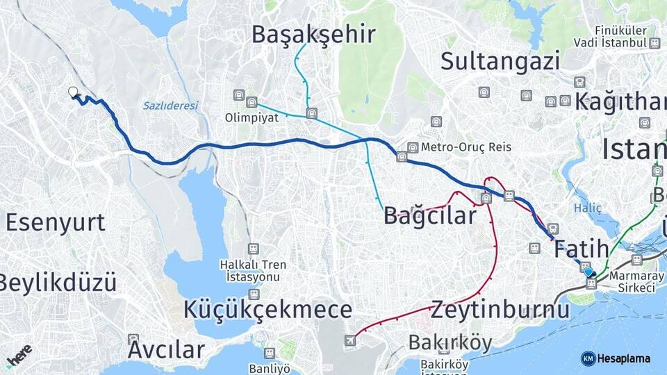 İstanbul Fatih Aksaray Bahçeşehir 2. Kısım Başakşehir Arası Kaç Km - Yol Haritası