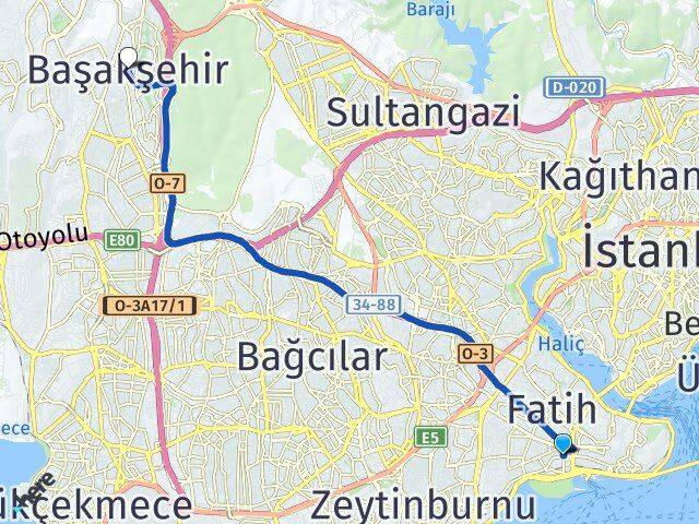 İstanbul Fatih Aksaray Başakşehir Arası Kaç Km - Yol Haritası