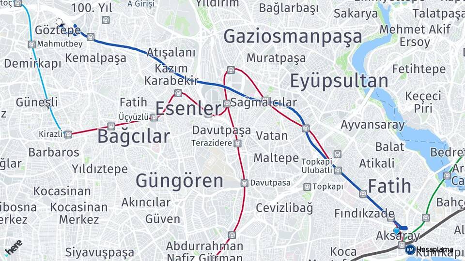 İstanbul Fatih Aksaray Göztepe Bağcılar Arası Kaç Km - Yol Haritası