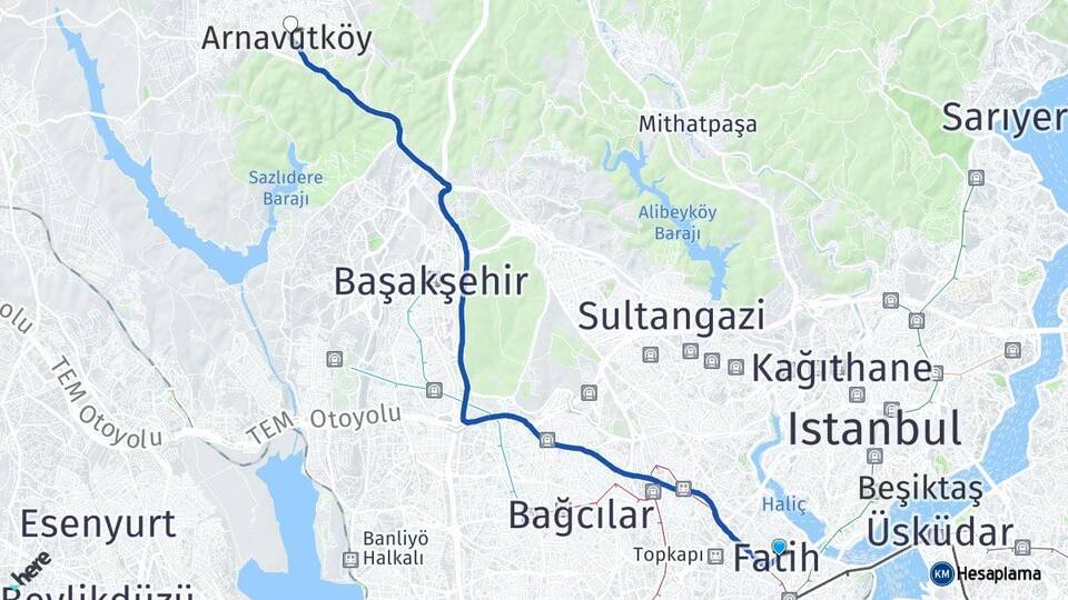 İstanbul Fatih Arnavutköy Arası Kaç Km - Yol Haritası