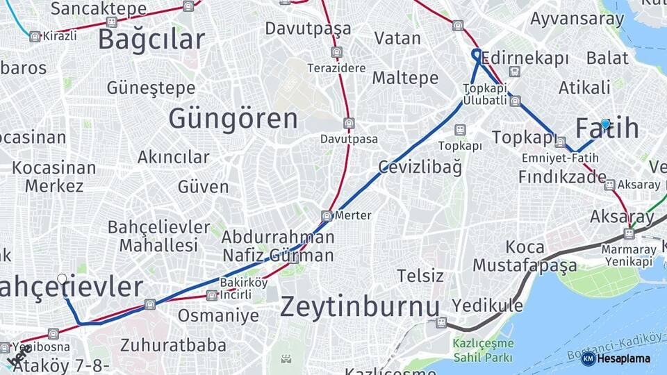 İstanbul Fatih Bahçelievler Arası Kaç Km - Yol Haritası