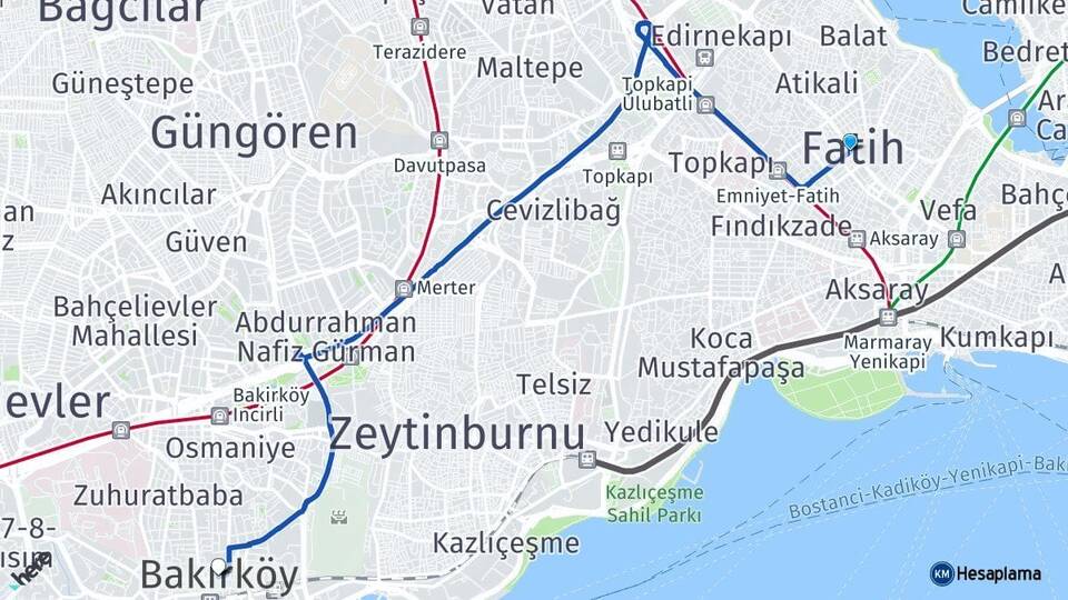 İstanbul Fatih Bakırköy Arası Kaç Km - Yol Haritası