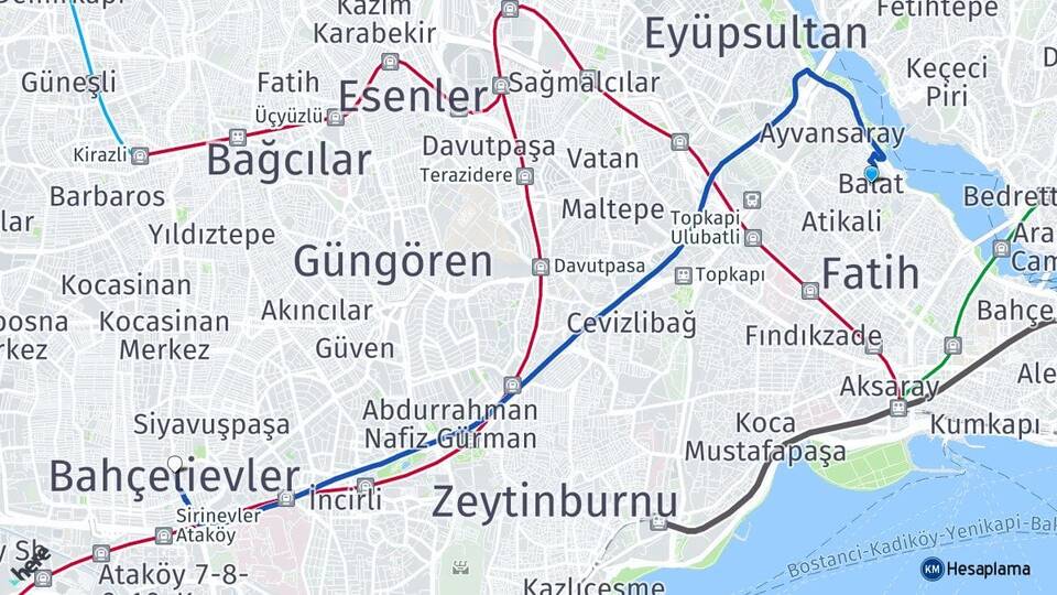İstanbul Fatih Balat Bahçelievler Arası Kaç Km - Yol Haritası