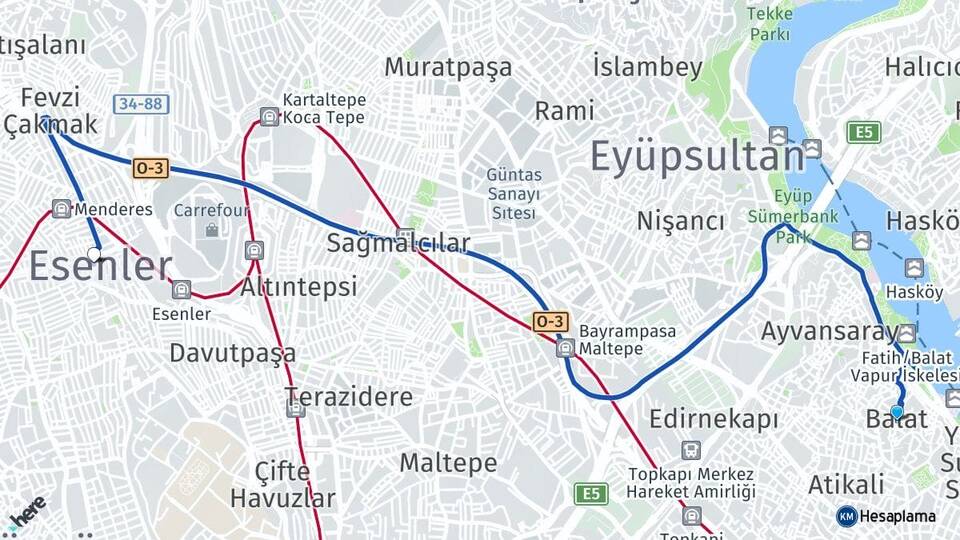 İstanbul Fatih Balat Esenler Arası Kaç Km - Yol Haritası