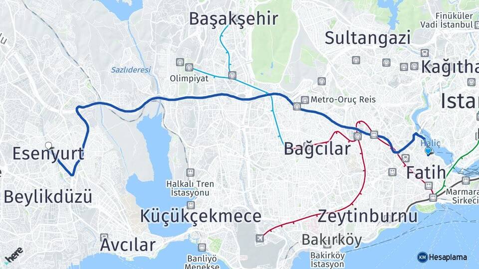 İstanbul Fatih Balat Esenyurt Arası Kaç Km - Yol Haritası