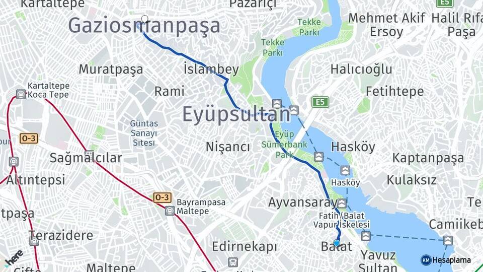 İstanbul Fatih Balat Gaziosmanpaşa Arası Kaç Km - Yol Haritası