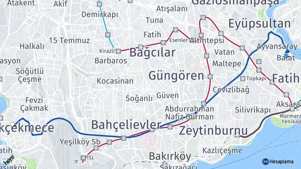 İstanbul Fatih Balat Küçükçekmece Arası Kaç Km - Yol Haritası
