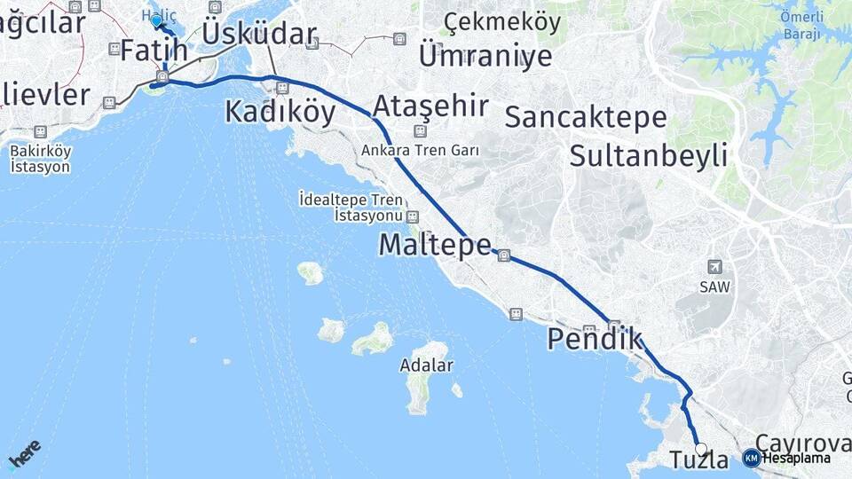 İstanbul Fatih Balat Tuzla Arası Kaç Km - Yol Haritası