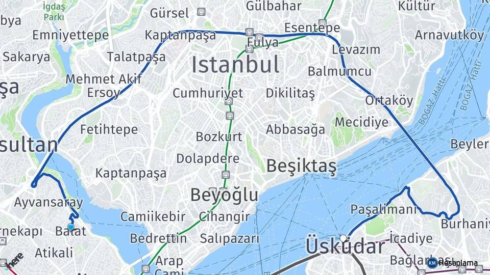 İstanbul Fatih Balat Üsküdar Arası Kaç Km - Yol Haritası
