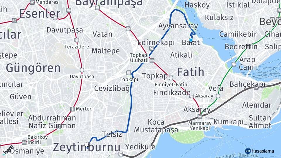 İstanbul Fatih Balat Zeytinburnu Arası Kaç Km - Yol Haritası