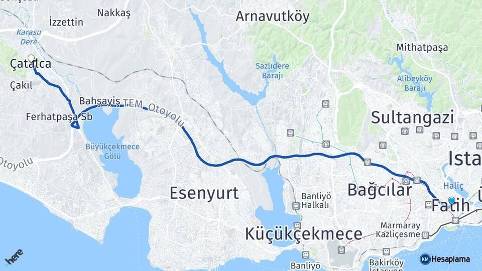 İstanbul Fatih Çatalca Arası Kaç Km - Yol Haritası
