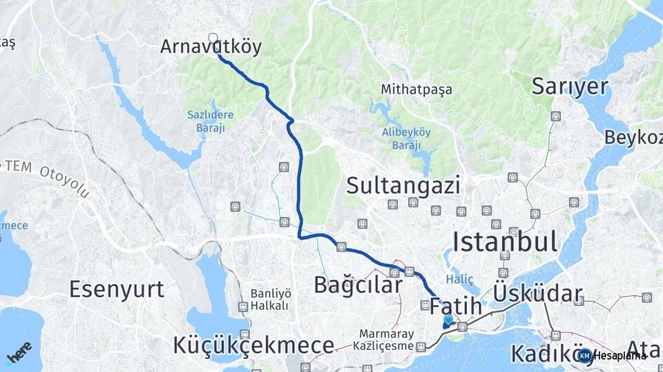 İstanbul Fatih Cerrahpaşa Arnavutköy Arası Kaç Km - Yol Haritası