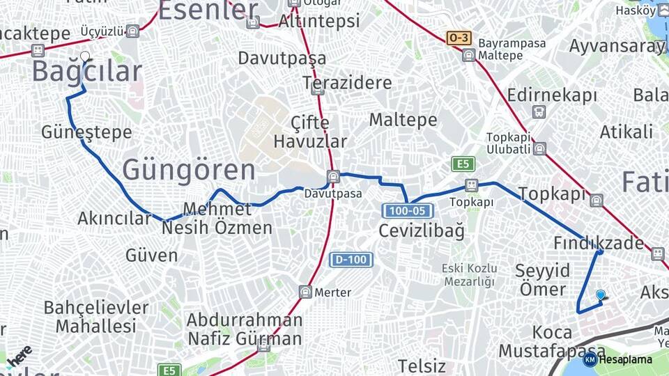 İstanbul Fatih Cerrahpaşa Bağcılar Arası Kaç Km - Yol Haritası
