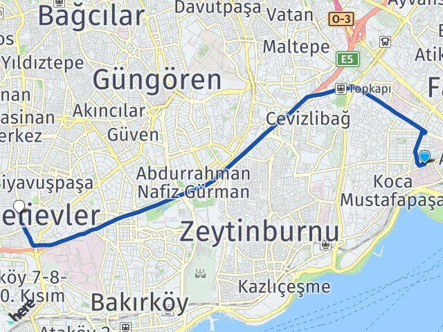 İstanbul Fatih Cerrahpaşa Bahçelievler Arası Kaç Km - Yol Haritası