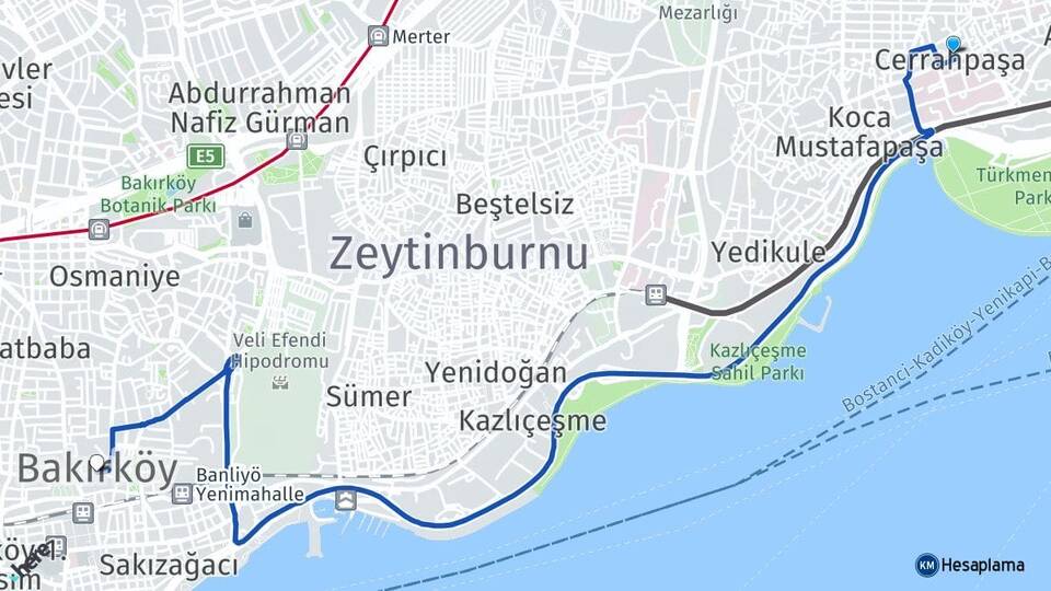 İstanbul Fatih Cerrahpaşa Bakırköy Arası Kaç Km - Yol Haritası