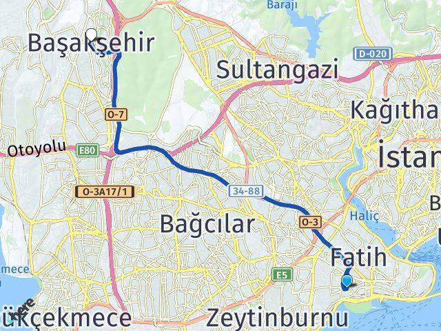 İstanbul Fatih Cerrahpaşa Başakşehir Arası Kaç Km - Yol Haritası