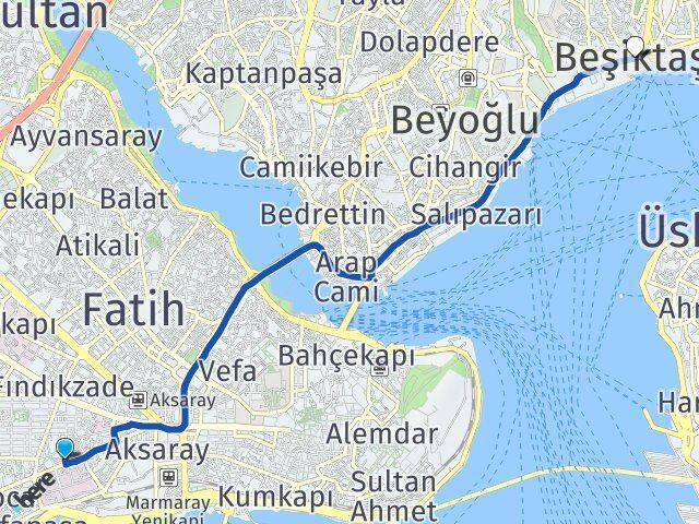 İstanbul Fatih Cerrahpaşa Beşiktaş Arası Kaç Km - Yol Haritası