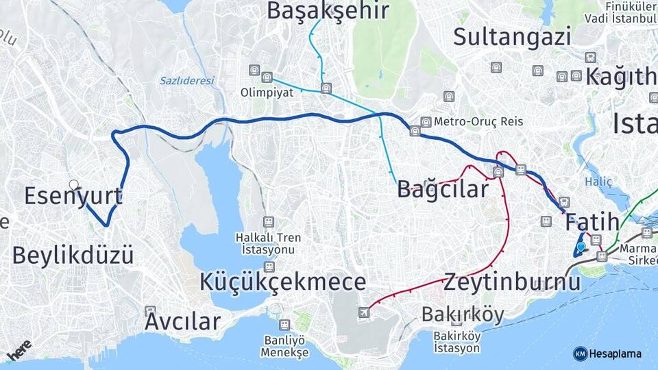 İstanbul Fatih Cerrahpaşa Esenyurt Arası Kaç Km - Yol Haritası