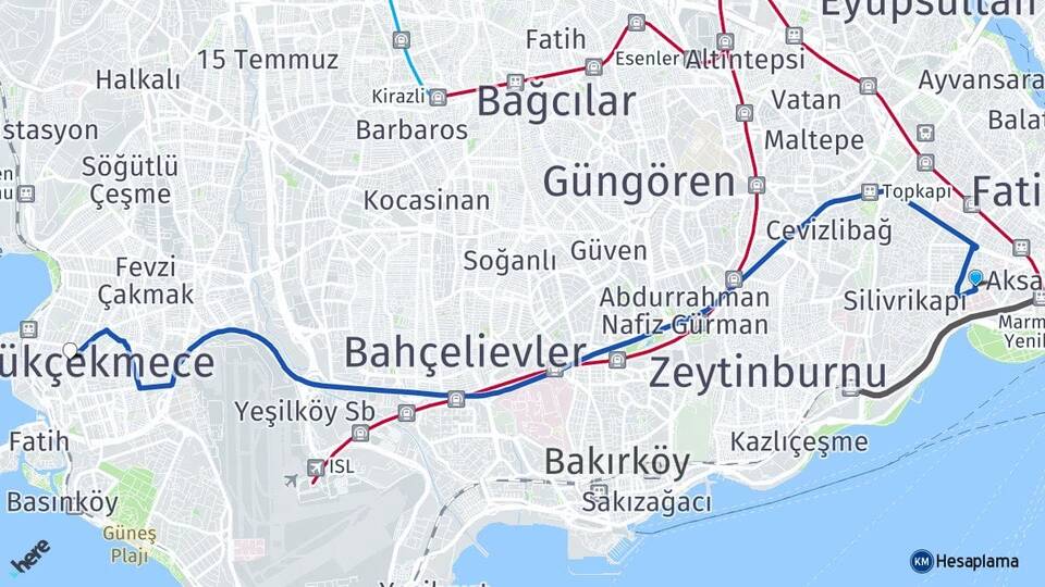İstanbul Fatih Cerrahpaşa Küçükçekmece Arası Kaç Km - Yol Haritası