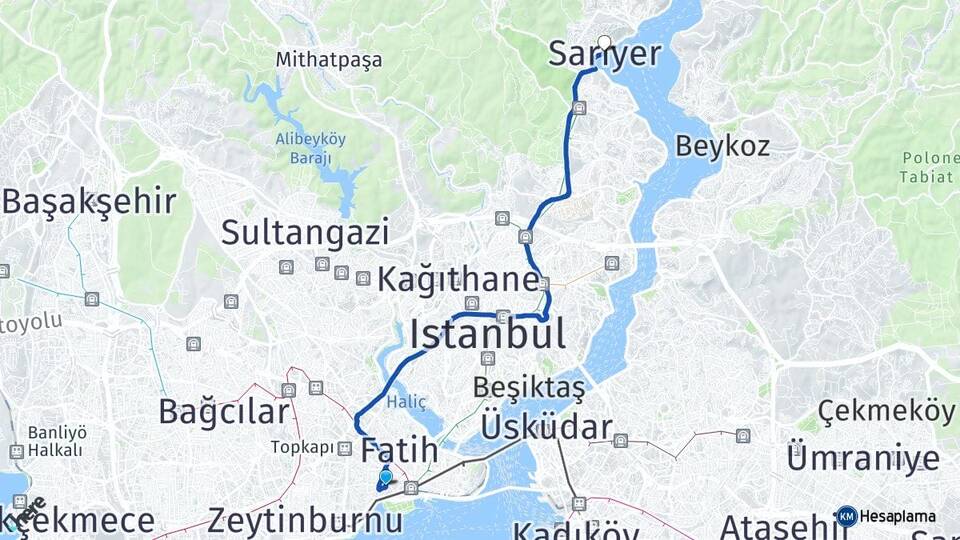 İstanbul Fatih Cerrahpaşa Sarıyer Arası Kaç Km - Yol Haritası