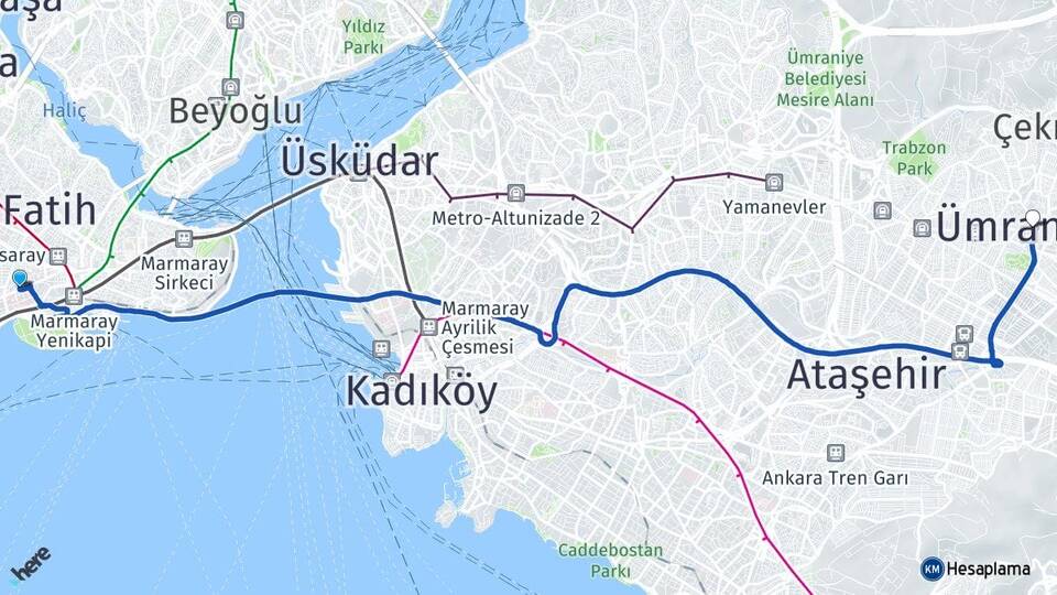 İstanbul Fatih Cerrahpaşa Ümraniye Arası Kaç Km - Yol Haritası