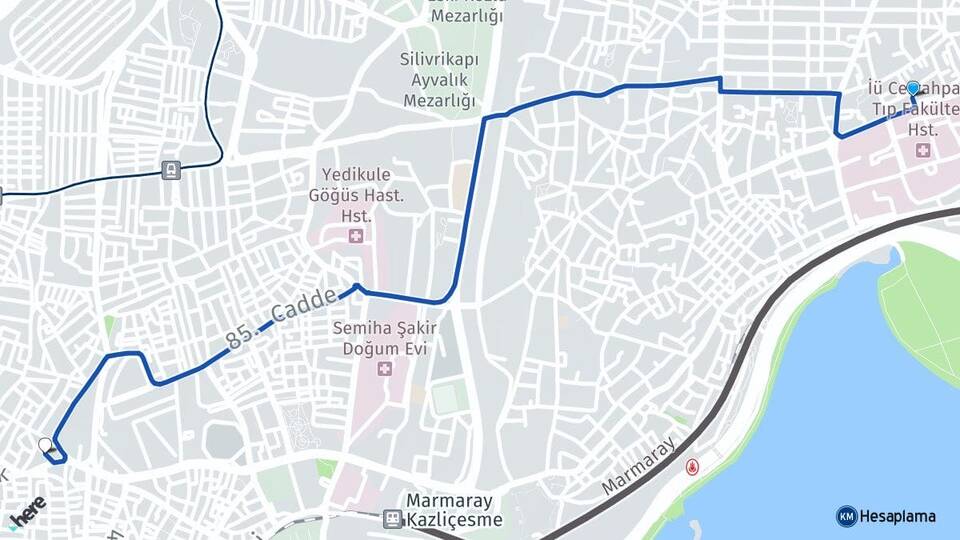 İstanbul Fatih Cerrahpaşa Zeytinburnu Arası Kaç Km - Yol Haritası