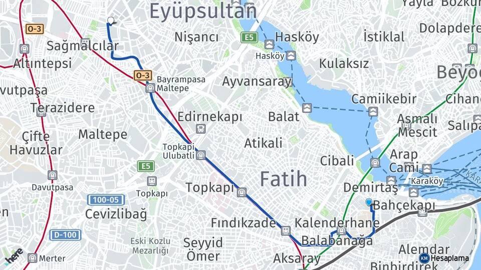 İstanbul Fatih Eminönü Bayrampaşa Arası Kaç Km - Yol Haritası