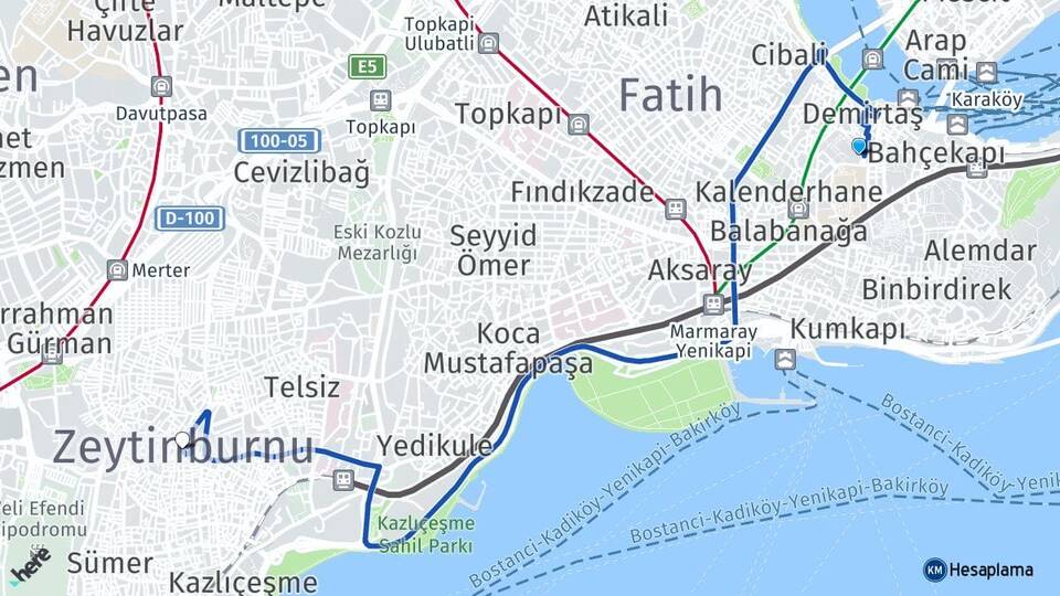 İstanbul Fatih Eminönü Zeytinburnu Arası Kaç Km - Yol Haritası