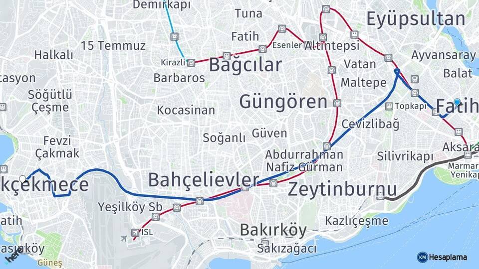 İstanbul Fatih Küçükçekmece Arası Kaç Km - Yol Haritası