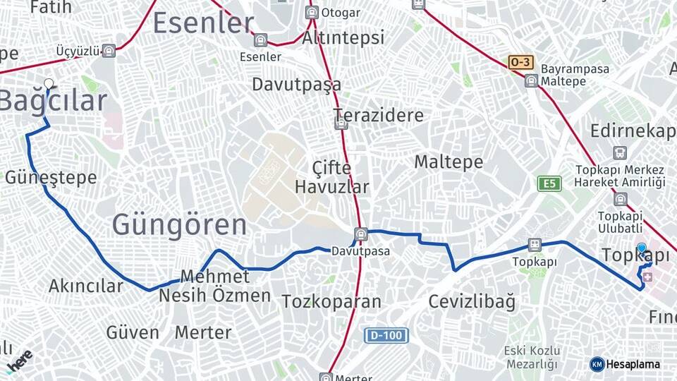 İstanbul Fatih Topkapı Bağcılar Arası Kaç Km - Yol Haritası