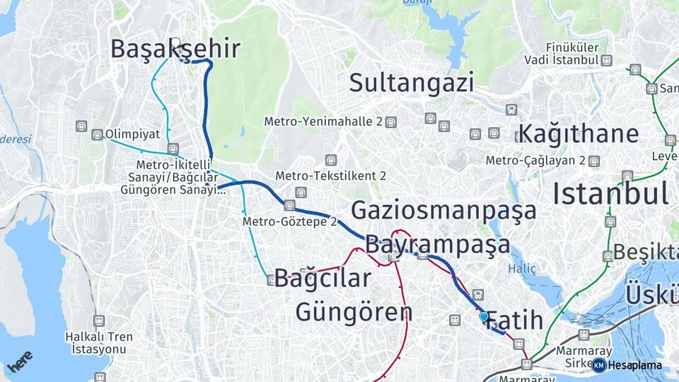 İstanbul Fatih Topkapı Başakşehir Arası Kaç Km - Yol Haritası