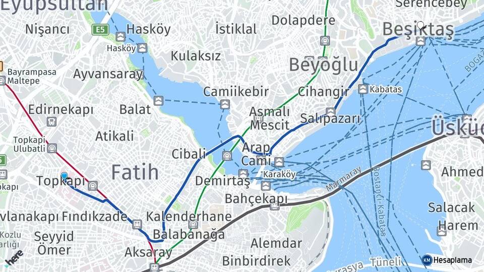 İstanbul Fatih Topkapı Beşiktaş Arası Kaç Km - Yol Haritası