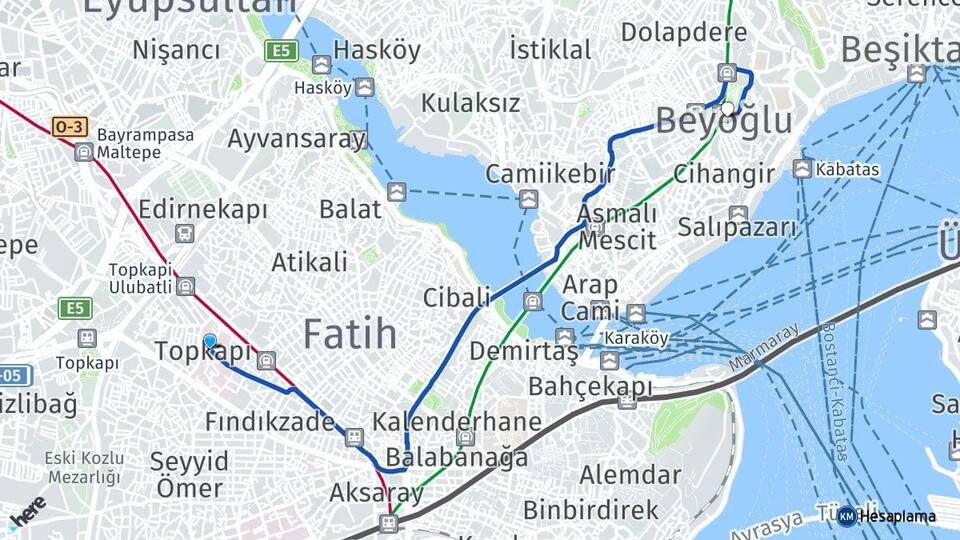 İstanbul Fatih Topkapı Beyoğlu Arası Kaç Km - Yol Haritası