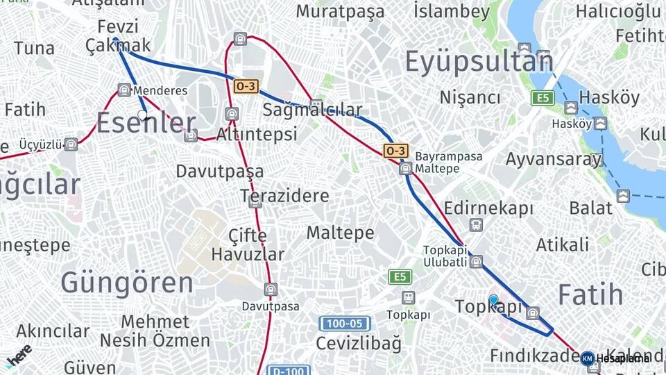 İstanbul Fatih Topkapı Esenler Arası Kaç Km - Yol Haritası