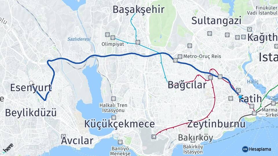 İstanbul Fatih Topkapı Esenyurt Arası Kaç Km - Yol Haritası