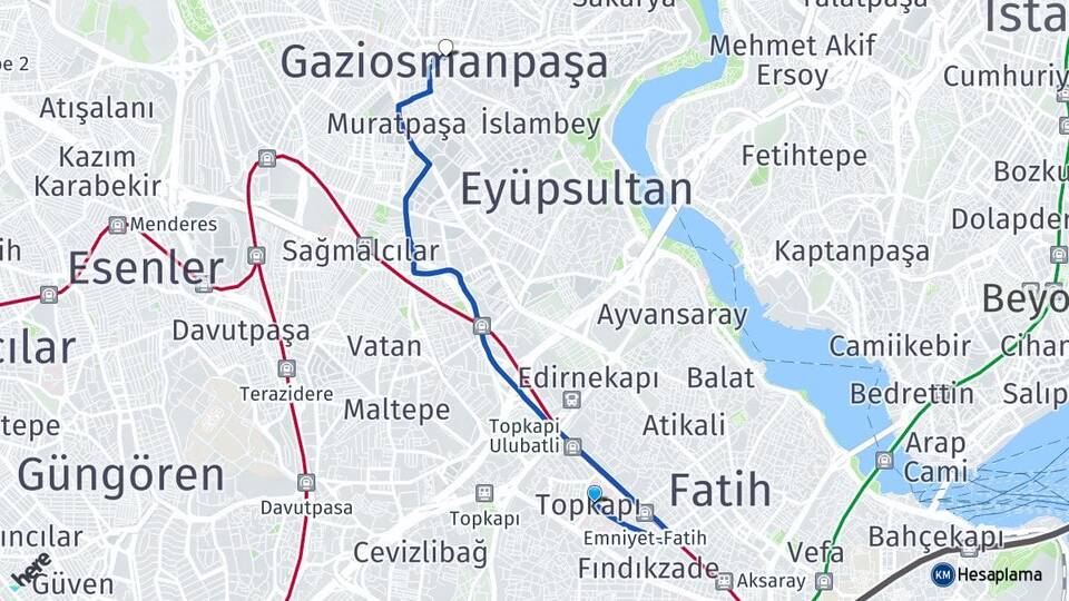 İstanbul Fatih Topkapı Gaziosmanpaşa Arası Kaç Km - Yol Haritası