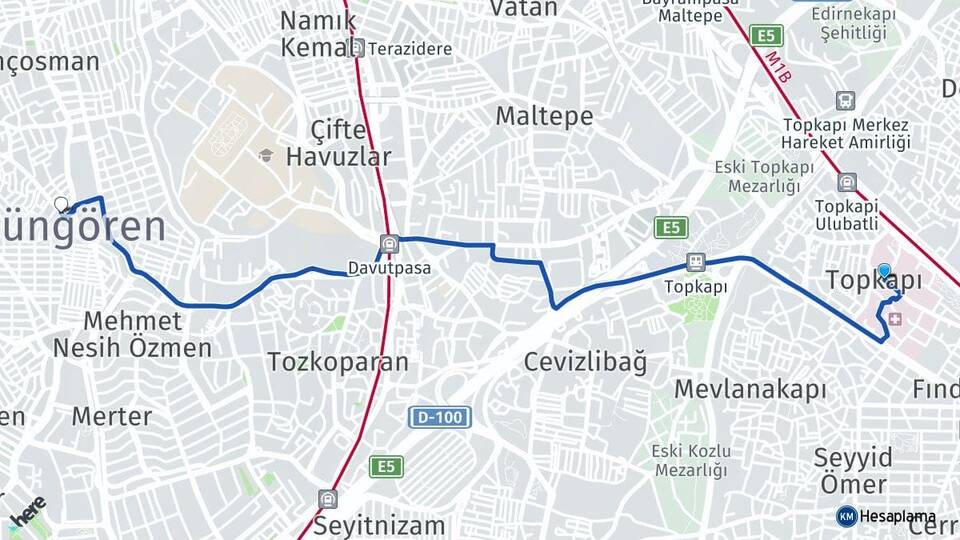 İstanbul Fatih Topkapı Güngören Arası Kaç Km - Yol Haritası