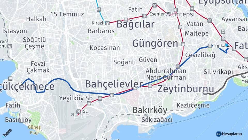 İstanbul Fatih Topkapı Küçükçekmece Arası Kaç Km - Yol Haritası