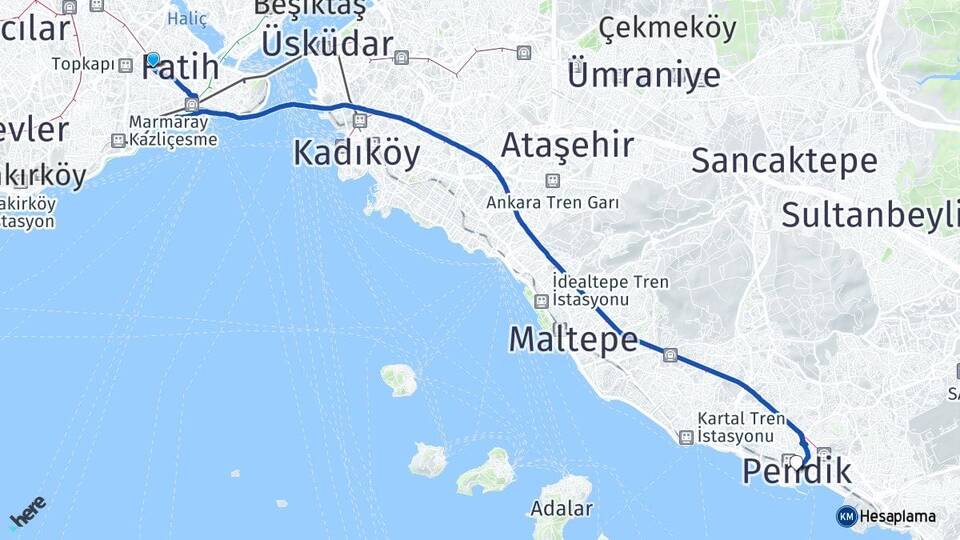İstanbul Fatih Topkapı Pendik Arası Kaç Km - Yol Haritası