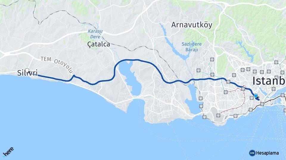 İstanbul Fatih Topkapı Silivri Arası Kaç Km - Yol Haritası