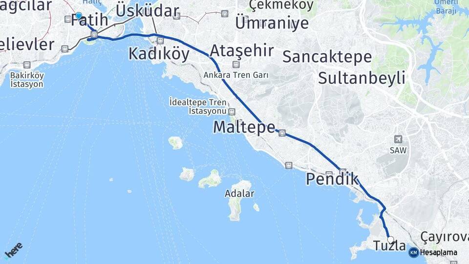 İstanbul Fatih Topkapı Tuzla Arası Kaç Km - Yol Haritası