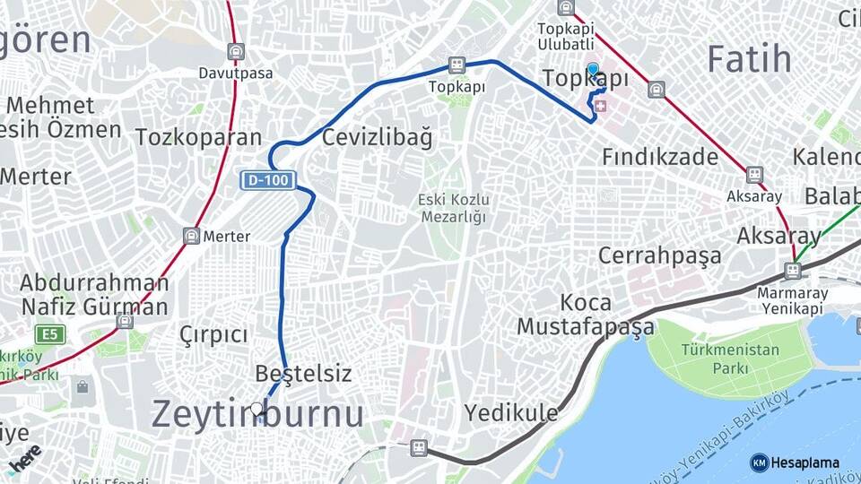 İstanbul Fatih Topkapı Zeytinburnu Arası Kaç Km - Yol Haritası